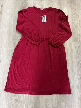 191–NWT zeagoo Red Long Sleeve Textured Swing Dress